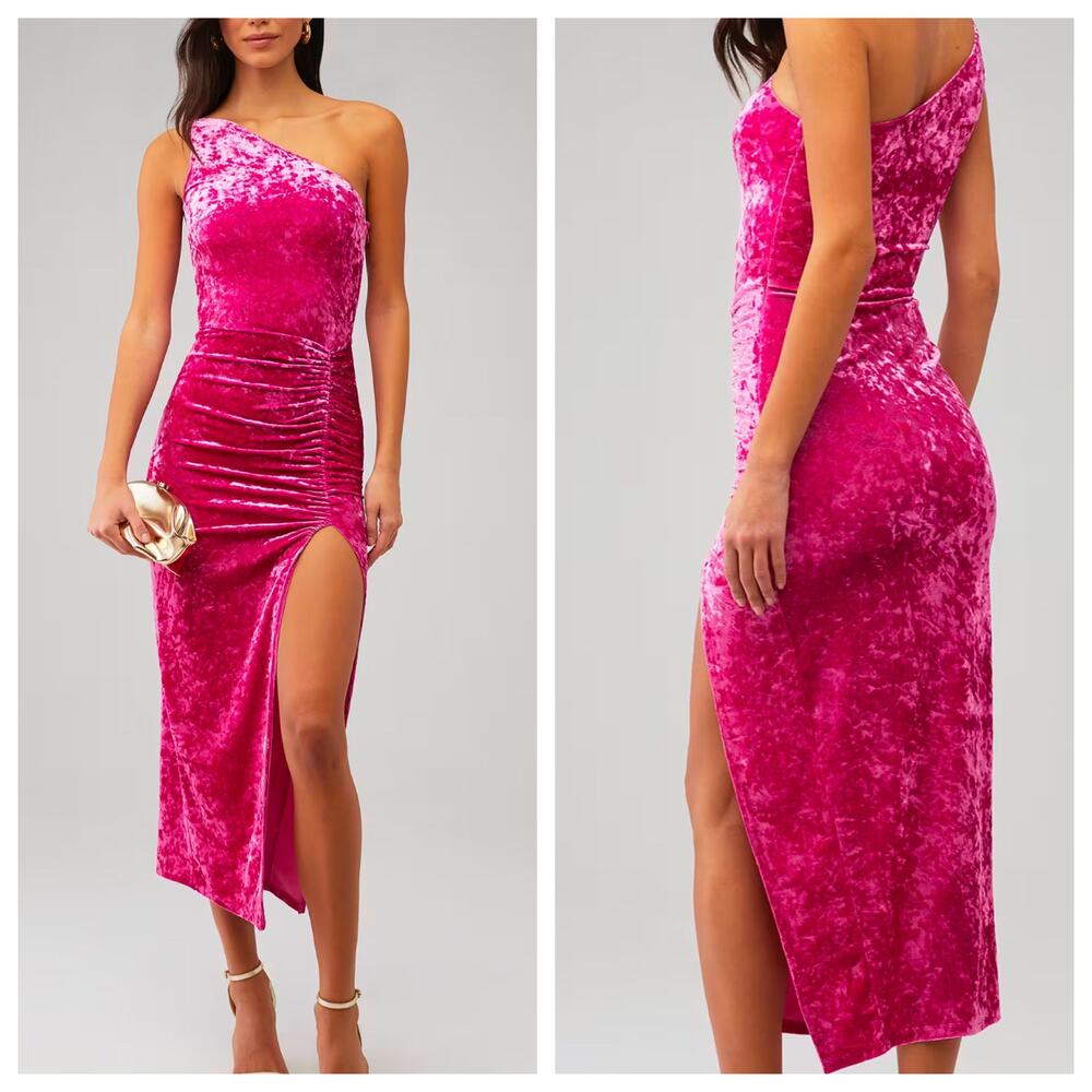 Saylor Midi Dress Niama Pink Velvet One Shoulder Side Ruched Slit